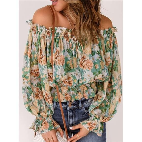 Green Floral Printed Off Shoulder Ruffle Babydoll Top Bishop Sleeve Blouse Top - Picture 4 of 6